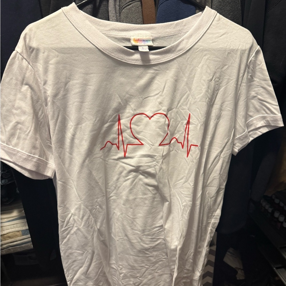 LuLaRoe White T-Shirt with Red Heartbeat Design